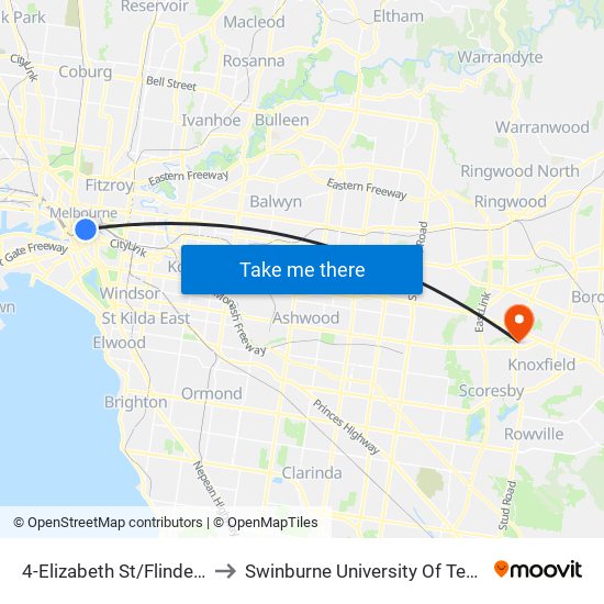 4-Elizabeth St/Flinders St (Melbourne City) to Swinburne University Of Technology - Wantirna Campus map