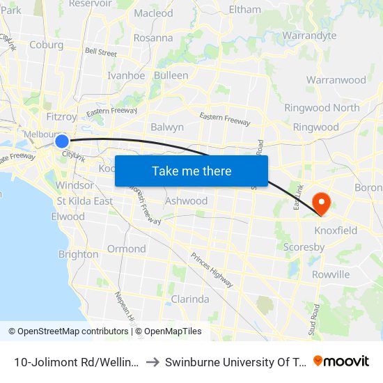 10-Jolimont Rd/Wellington Pde (East Melbourne) to Swinburne University Of Technology - Wantirna Campus map