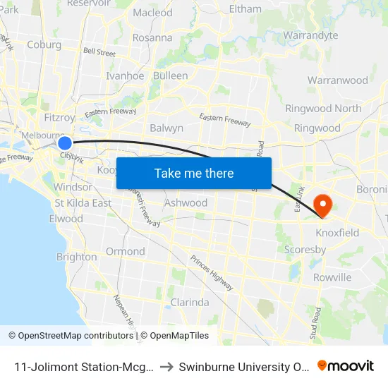 Jolimont Station-Mcg/Wellington Pde #11 to Swinburne University Of Technology - Wantirna Campus map