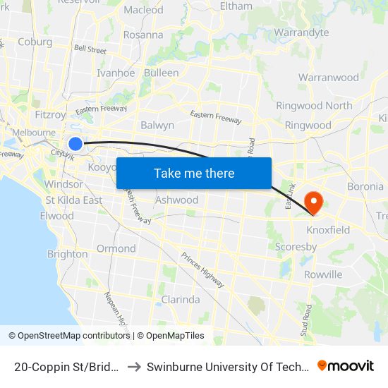 20-Coppin St/Bridge Rd (Richmond) to Swinburne University Of Technology - Wantirna Campus map