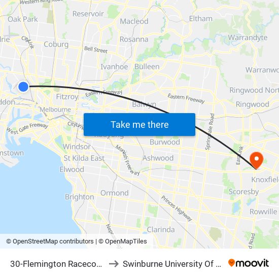 30-Flemington Racecourse/Epsom Rd (Flemington) to Swinburne University Of Technology - Wantirna Campus map