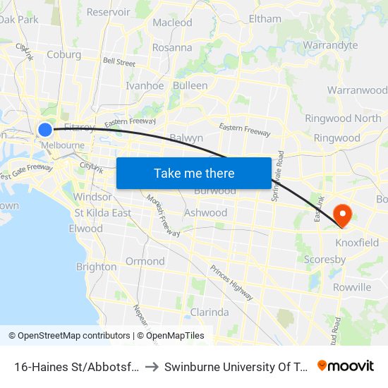 16-Haines St/Abbotsford St (North Melbourne) to Swinburne University Of Technology - Wantirna Campus map