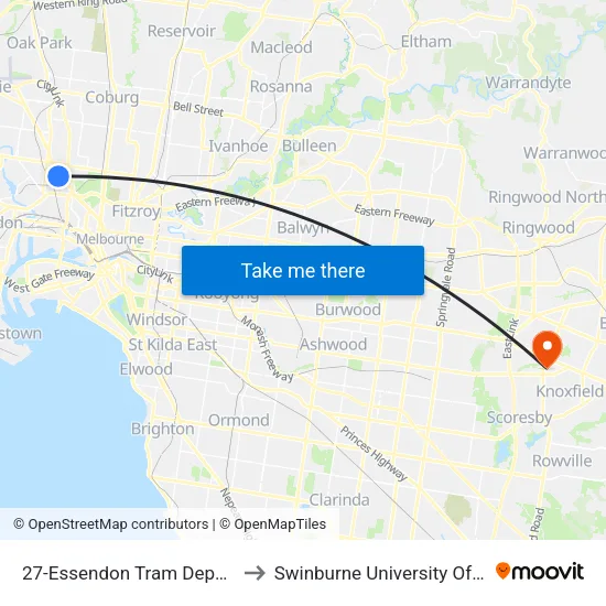 Essendon Tram Depot/Mt Alexander Rd #27 to Swinburne University Of Technology - Wantirna Campus map