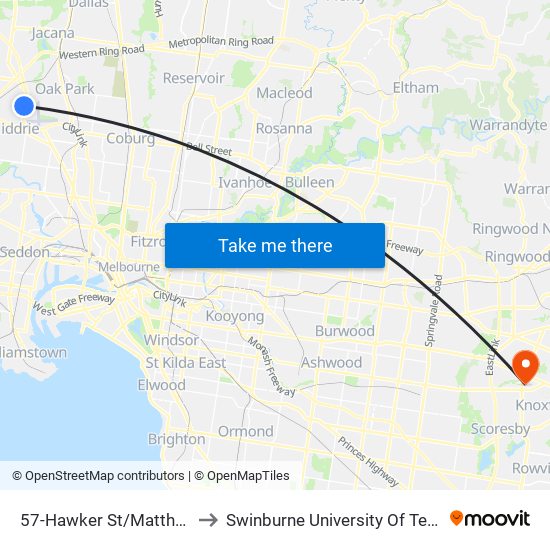 57-Hawker St/Matthews Ave (Airport West) to Swinburne University Of Technology - Wantirna Campus map