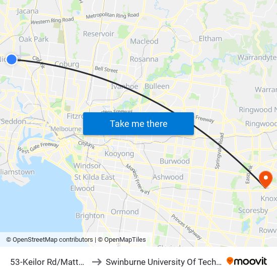 53-Keilor Rd/Matthews Ave (Niddrie) to Swinburne University Of Technology - Wantirna Campus map