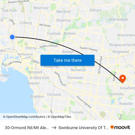 30-Ormond Rd/Mt Alexander Rd (Moonee Ponds) to Swinburne University Of Technology - Wantirna Campus map