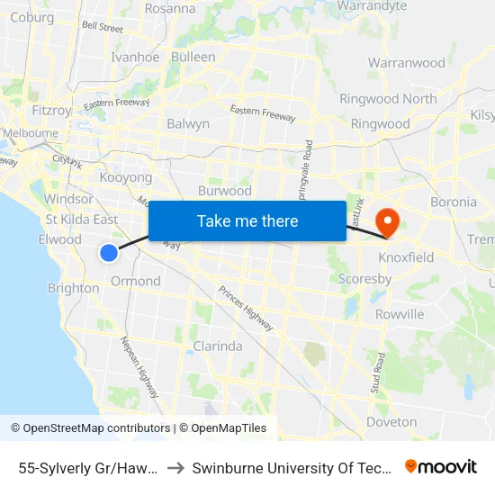Sylverly Gr/Hawthorn Rd #55 to Swinburne University Of Technology - Wantirna Campus map
