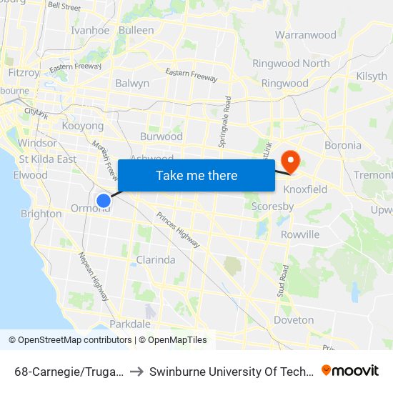 68-Carnegie/Truganini Rd (Carnegie) to Swinburne University Of Technology - Wantirna Campus map