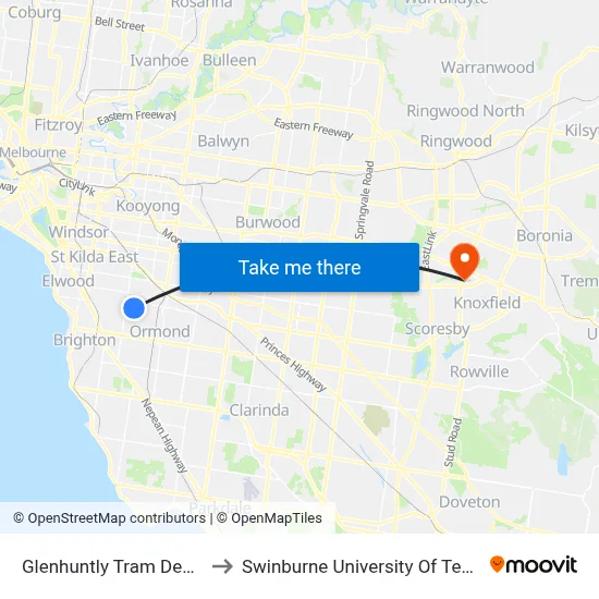 Glenhuntly Tram Depot/Glenhuntly Rd #53 to Swinburne University Of Technology - Wantirna Campus map