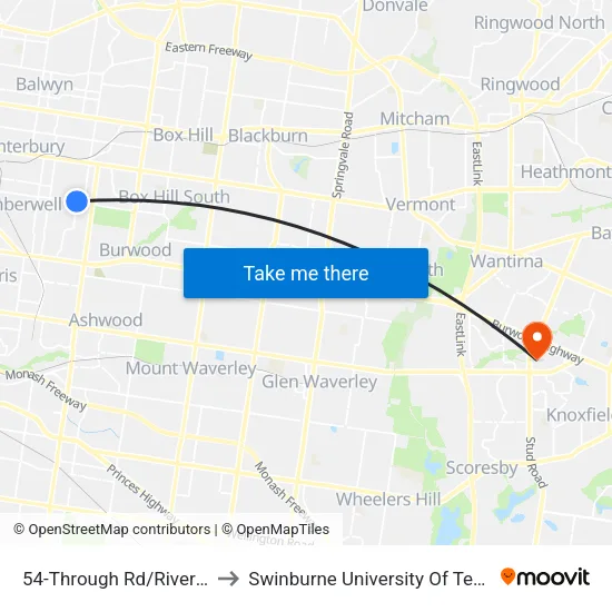 Through Rd/Riversdale Rd #54 to Swinburne University Of Technology - Wantirna Campus map