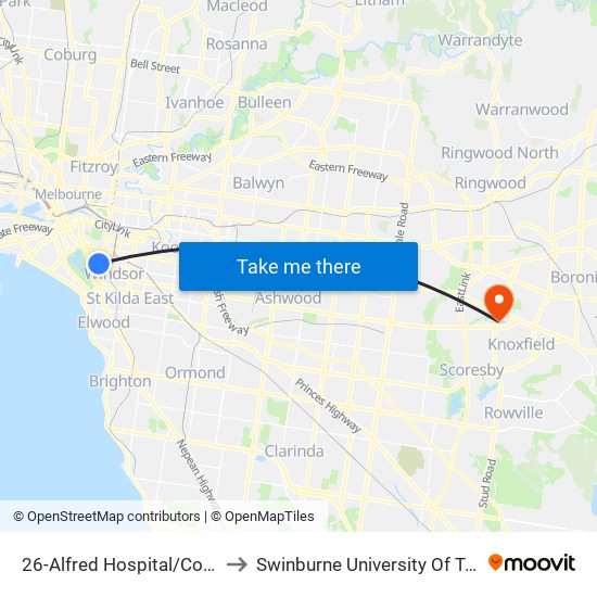 26-Alfred Hospital/Commercial Rd (South Yarra) to Swinburne University Of Technology - Wantirna Campus map