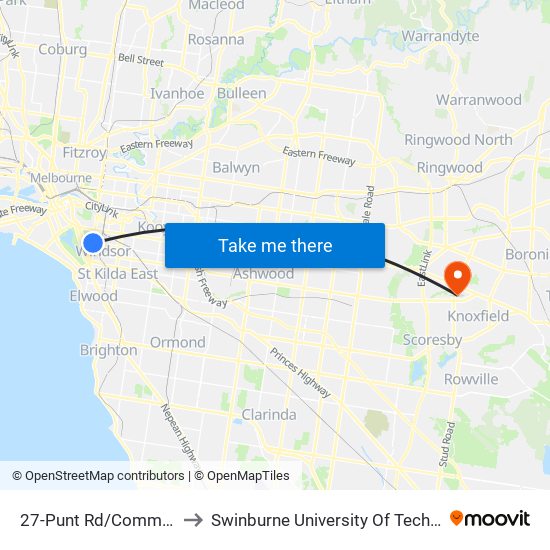 27-Punt Rd/Commercial Rd (Prahran) to Swinburne University Of Technology - Wantirna Campus map