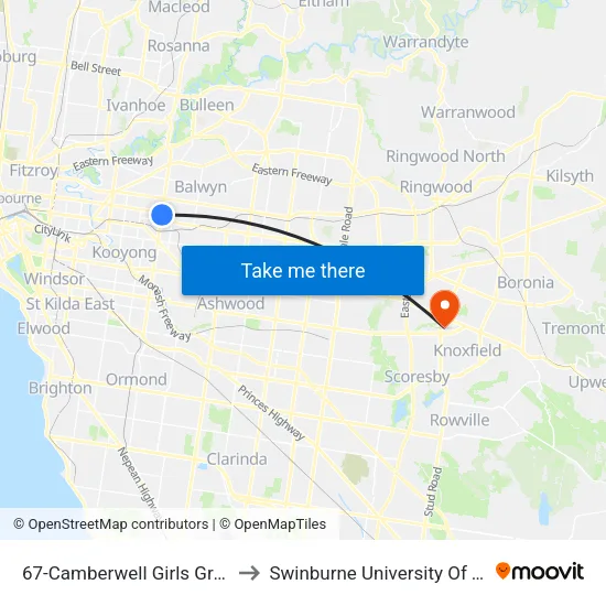 Camberwell Girls Grammar/Burke Rd #67 to Swinburne University Of Technology - Wantirna Campus map