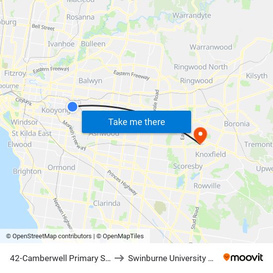 42-Camberwell Primary School/Camberwell Rd (Camberwell) to Swinburne University Of Technology - Wantirna Campus map