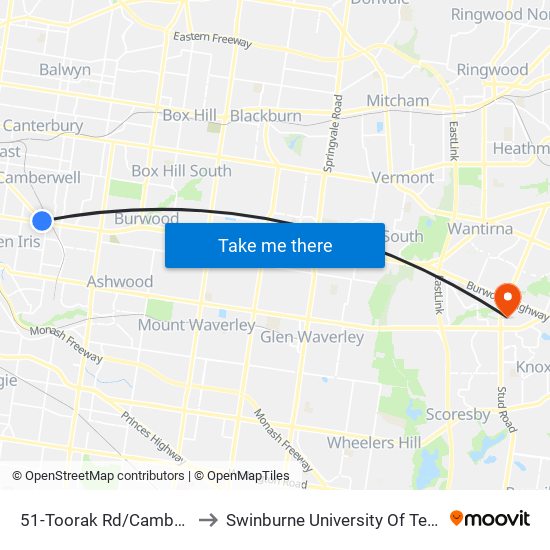 51-Toorak Rd/Camberwell Rd (Camberwell) to Swinburne University Of Technology - Wantirna Campus map