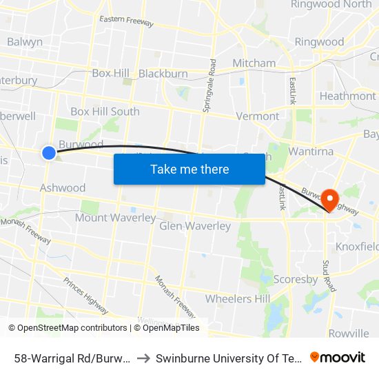 58-Warrigal Rd/Burwood Hwy (Camberwell) to Swinburne University Of Technology - Wantirna Campus map