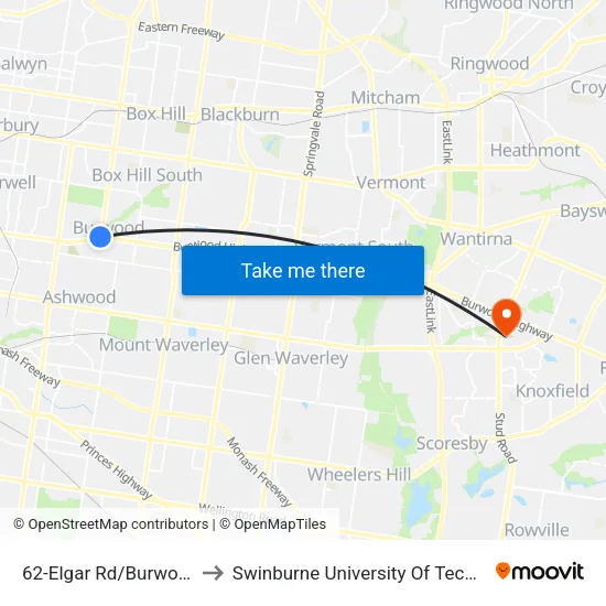 Elgar Rd/Burwood Hwy #62 to Swinburne University Of Technology - Wantirna Campus map