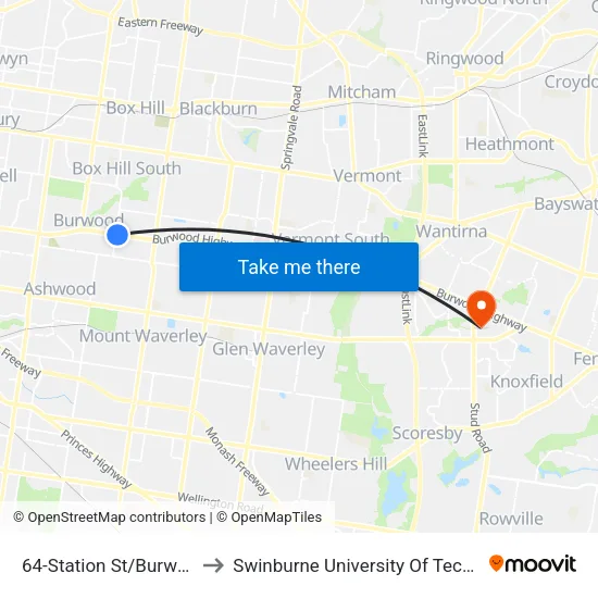 Station St/Burwood Hwy #64 to Swinburne University Of Technology - Wantirna Campus map