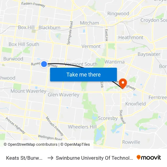 Keats St/Burwood Hwy #69 to Swinburne University Of Technology - Wantirna Campus map