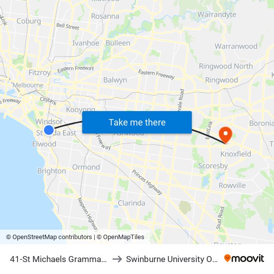 41-St Michaels Grammar School/Chapel St (St Kilda East) to Swinburne University Of Technology - Wantirna Campus map