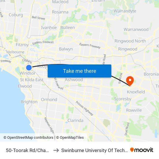 50-Toorak Rd/Chapel St (South Yarra) to Swinburne University Of Technology - Wantirna Campus map