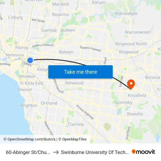 Abinger St/Church St #60 to Swinburne University Of Technology - Wantirna Campus map