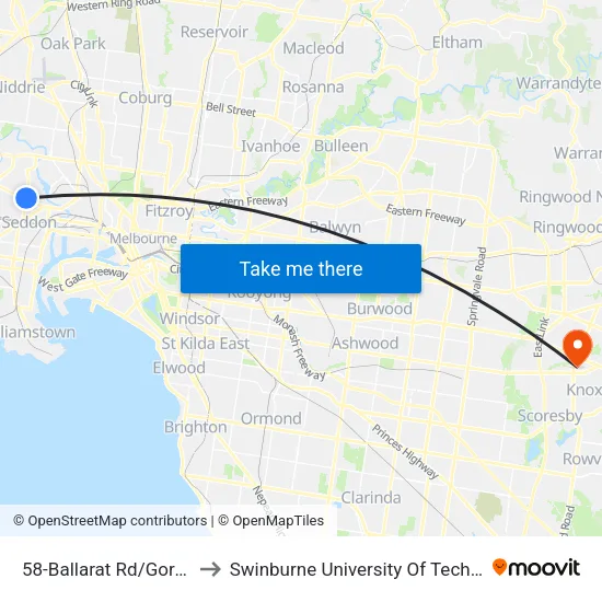 Ballarat Rd/Gordon St #58 to Swinburne University Of Technology - Wantirna Campus map