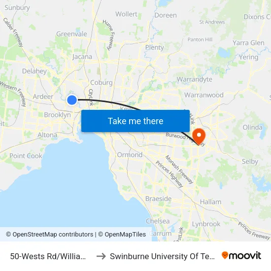 Wests Rd/Williamson Rd #50 to Swinburne University Of Technology - Wantirna Campus map