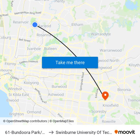 61-Bundoora Park/Plenty Rd (Bundoora) to Swinburne University Of Technology - Wantirna Campus map
