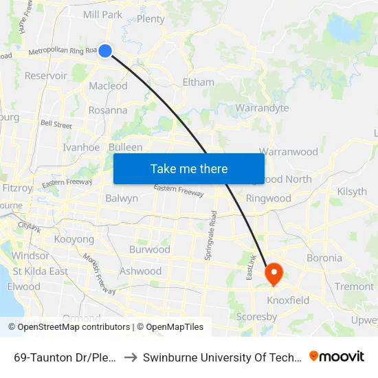 Taunton Dr/Plenty Rd #69 to Swinburne University Of Technology - Wantirna Campus map