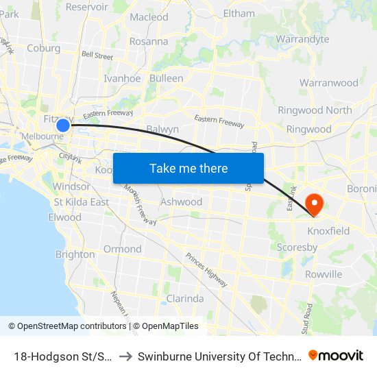 18-Hodgson St/Smith St (Fitzroy) to Swinburne University Of Technology - Wantirna Campus map