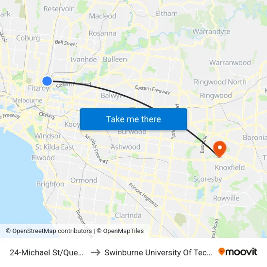 Michael St/Queens Pde #24 to Swinburne University Of Technology - Wantirna Campus map