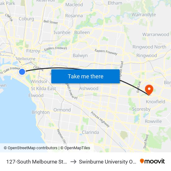 127-South Melbourne Station/Light Rail (South Melbourne) to Swinburne University Of Technology - Wantirna Campus map