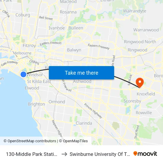 Middle Park Station/Light Rail #130 to Swinburne University Of Technology - Wantirna Campus map
