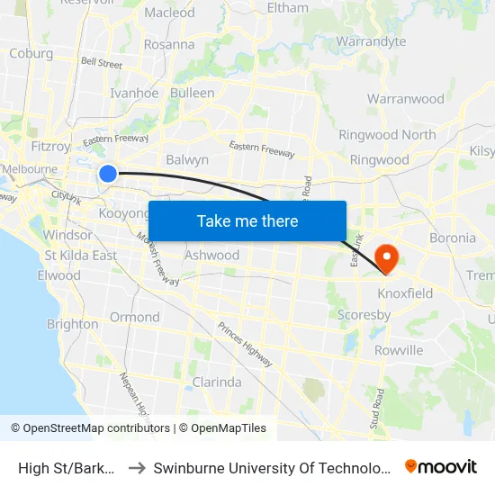 High St/Barkers Rd #29 to Swinburne University Of Technology - Wantirna Campus map