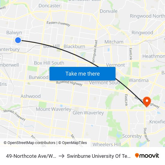 49-Northcote Ave/Whitehorse Rd (Balwyn) to Swinburne University Of Technology - Wantirna Campus map