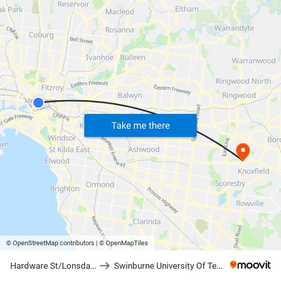 Hardware St/Lonsdale St (Melbourne City) to Swinburne University Of Technology - Wantirna Campus map