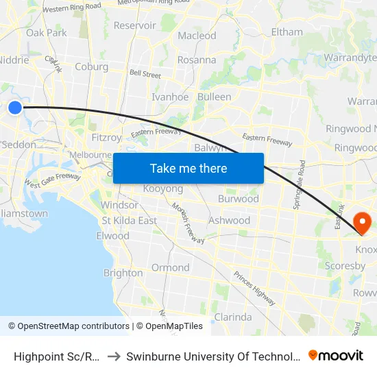 Highpoint Sc/Rosamond Rd to Swinburne University Of Technology - Wantirna Campus map