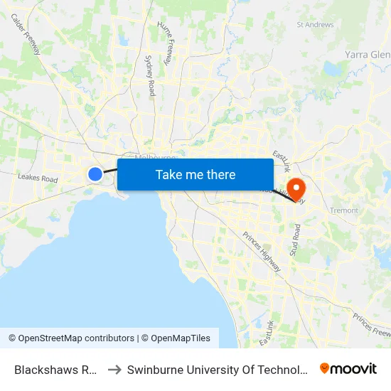 Blackshaws Rd/Millers Rd to Swinburne University Of Technology - Wantirna Campus map