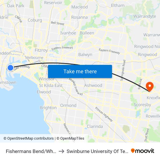 Fishermans Bend/Wharf Rd (Port Melbourne) to Swinburne University Of Technology - Wantirna Campus map