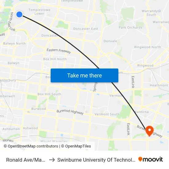Ronald Ave/Manningham Rd to Swinburne University Of Technology - Wantirna Campus map