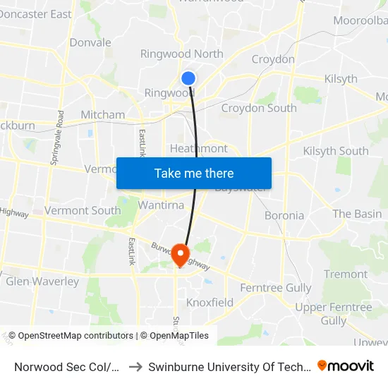 Norwood Sec Col/Mullum Mullum Rd to Swinburne University Of Technology - Wantirna Campus map