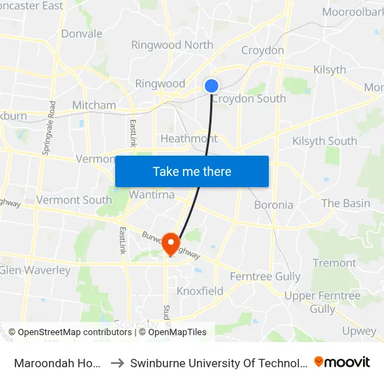 Maroondah Hospital/Grey St to Swinburne University Of Technology - Wantirna Campus map