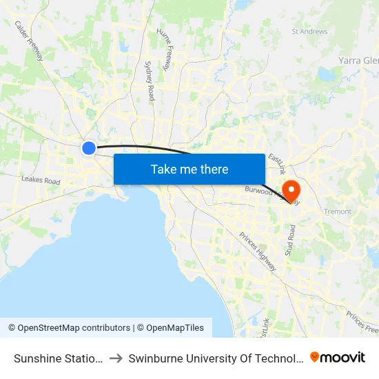 Sunshine Station/Dickson St to Swinburne University Of Technology - Wantirna Campus map