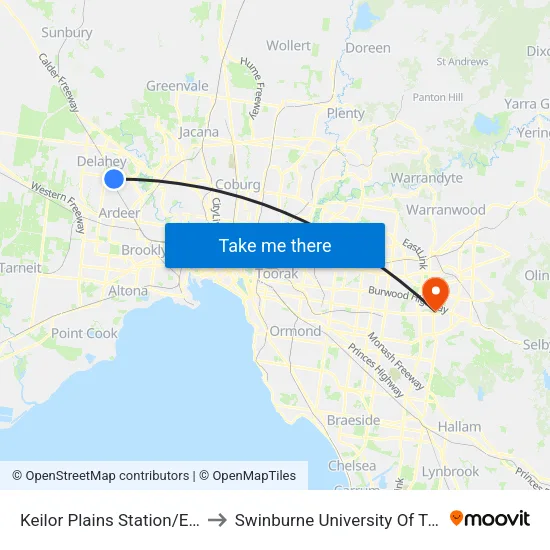 Keilor Plains Station/East Esplanade to Swinburne University Of Technology - Wantirna Campus map