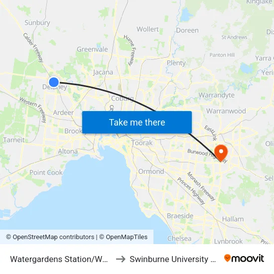 Watergardens Station/Watergardens Circuit Rd to Swinburne University Of Technology - Wantirna Campus map
