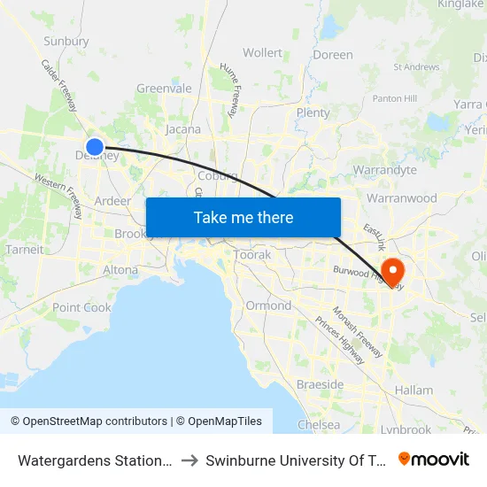 Watergardens Station/Watergardens Circuit Rd to Swinburne University Of Technology - Wantirna Campus map