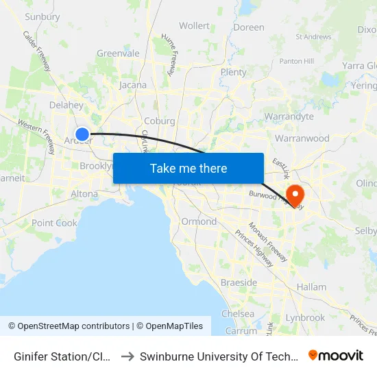 Ginifer Station/Clare St to Swinburne University Of Technology - Wantirna Campus map