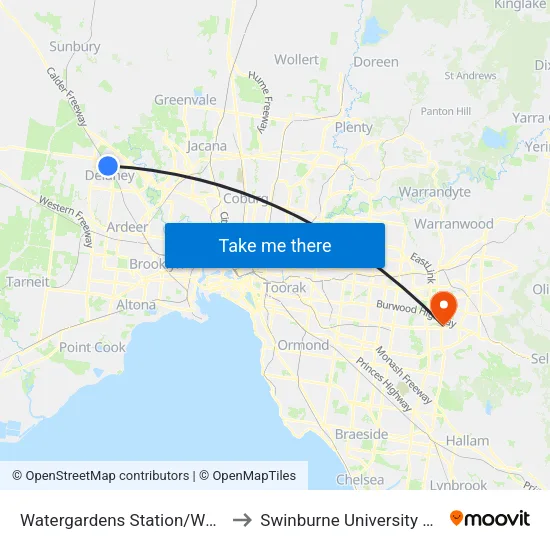Watergardens Station/Watergardens Circuit Rd to Swinburne University Of Technology - Wantirna Campus map