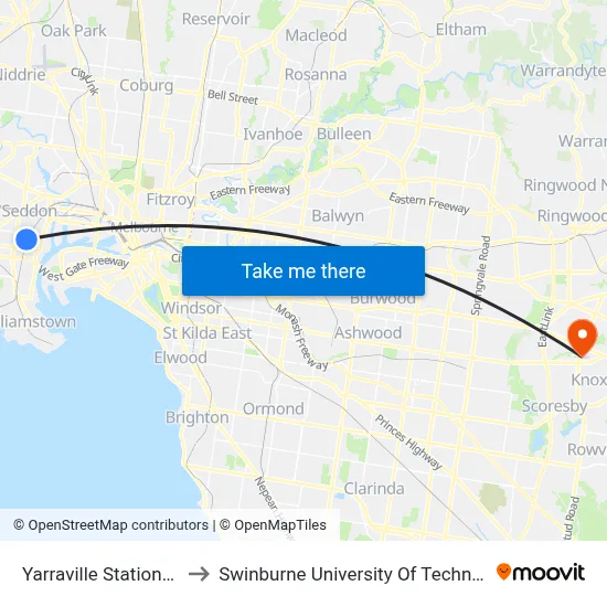 Yarraville Station/Birmingham St to Swinburne University Of Technology - Wantirna Campus map